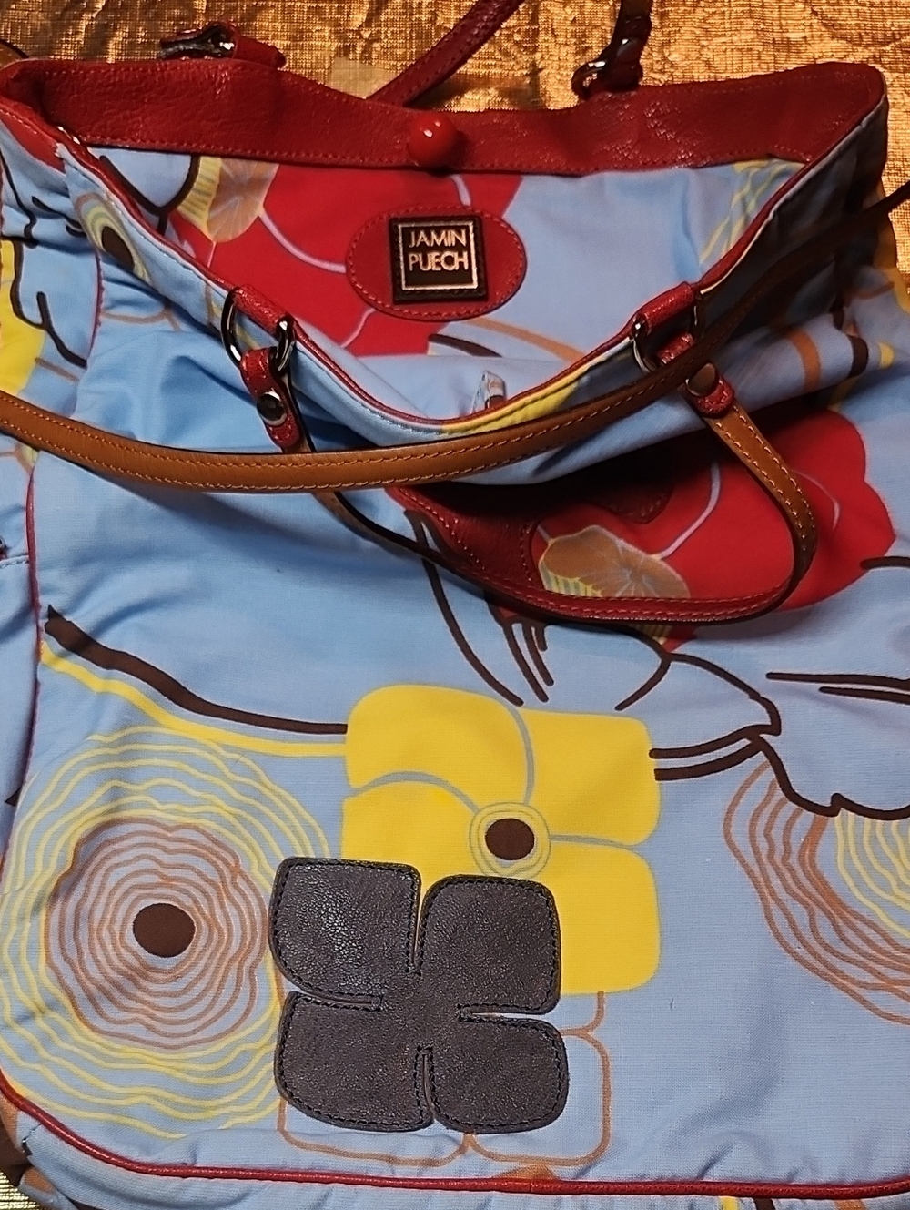Floral Tote Bag Jamin Puech in Light Blue and Red With Leather Trimmings Flowers
